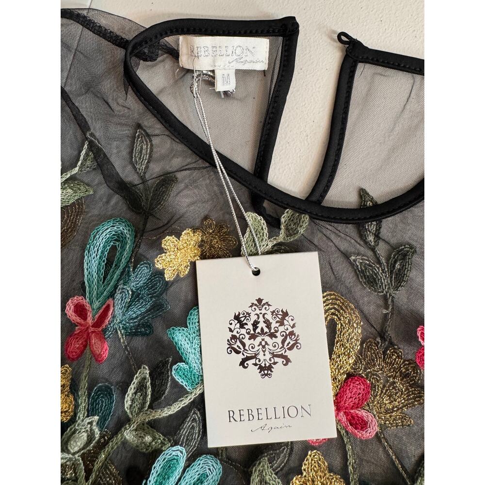 Rebellion embroidered sheer mesh crop top black floral velvet trim Sz M NWT - Picture 10 of 12